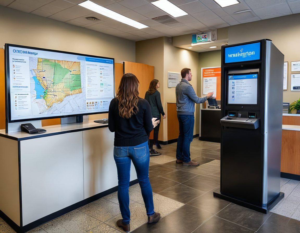 A busy DMV office in Washington State, showcasing diverse individuals efficiently interacting with modern tech kiosks. Include a friendly staff member assisting a customer, with a large Washington State map on the wall highlighting various licensing processes. The atmosphere should feel organized yet dynamic, symbolizing a smooth experience. super-realistic. vibrant colors. 3D.